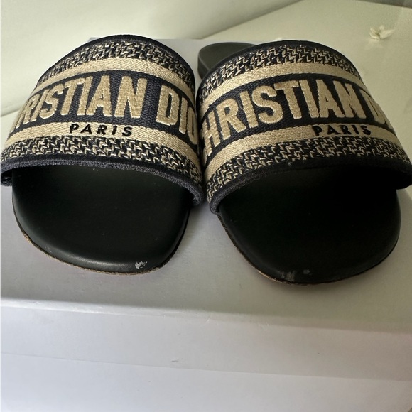 Christian Dior Dway Slides Deep Blue Embroidered Cotton Sandals Size 37.5 - Picture 2 of 8